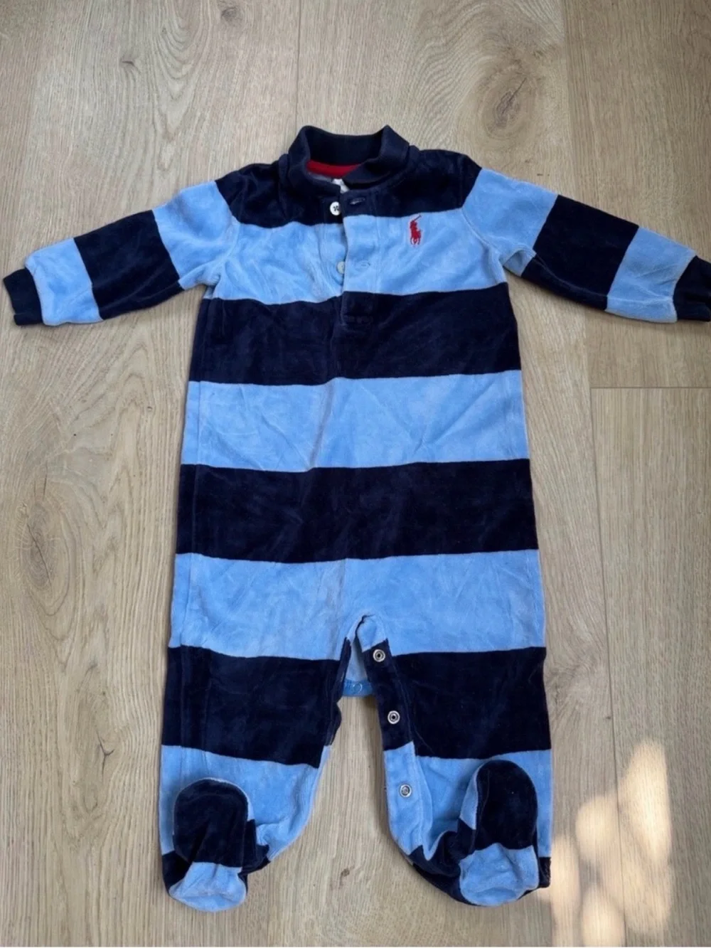 Ralph Lauren Light Blue & Navy Striped Polo Footie 9 months